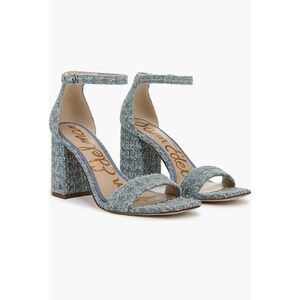 Sam Edelman‎ Distressed Denim Blue Tweed Ankle Strap Chunky Block Heels Shoes 7